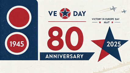 Fototapeta na wymiar Bold 80th VE Day Anniversary Star Emblem, Historical Dates, and Victory in Europe Tribute for May 8, 2025 Patriotic Design Generative AI