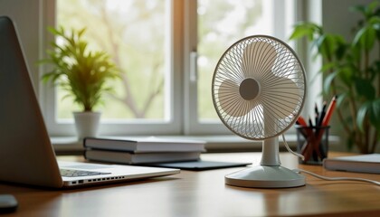 Office desk with fan and laptop in bright light with copy space
