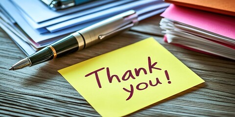 Several colorful sticky notes, with a yellow one saying "Thank you!", placed on a wooden desk, alongside a pen and a stack of papers, conveying a grateful and warm atmosphere.