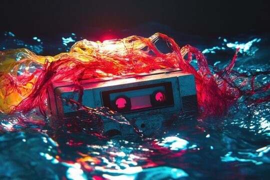 A vintage cassette tape submerged in vibrant, swirling water, radiating neon colors.