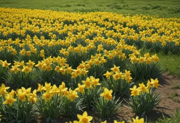 Fototapeta premium A carpet of cheerful yellow daffodils blankets a vibrant green field bathed in sunlight , meadow, texture, day