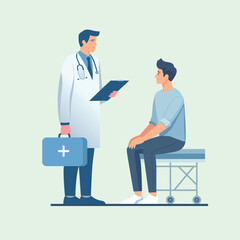 Medical scene illustration showing doctor consultations, nurse assistance, pharmacy service, dental care, child treatment, and healthcare hygiene practices
