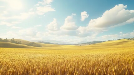 Obraz premium A vast golden wheat field under a blue sky with clouds