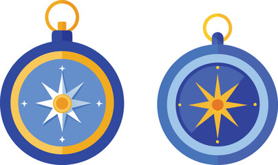 Two ornate compasses showing guiding stars navigation journey exploration, Outdoor activities accessories vector for summer travel, hiking, hunting, camping equipment design concept