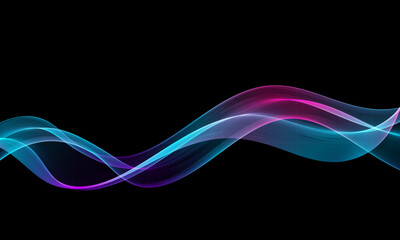 Glowing flowing vector wave with cyan, pink, and violet gradients on black background, dynamic curved lines with futuristic digital look.