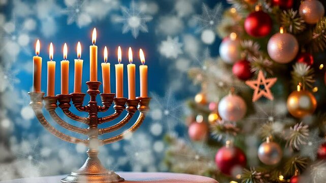 Burning Candles for a Specific Winter Holiday Observed Alongside a Decorated Evergreen Tree