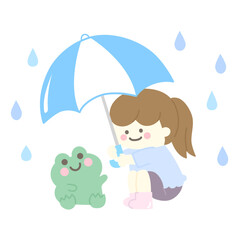 雨の日にカエルに傘をさす女の子（塗りのみ）