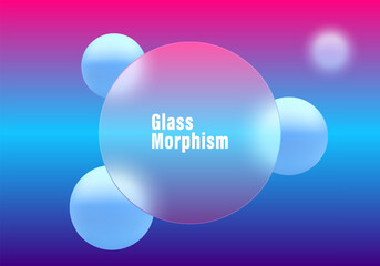 Large translucent glass-style circle in center with glowing blue spheres around, vibrant pink and blue gradient background, modern vector design.