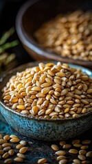 Naklejka premium Grains fill bowls in rustic setting, focus on texture
