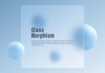 Frosted glass-style square panel with rounded corners and soft blue 3D spheres, placed on a light blue gradient background, clean modern look.