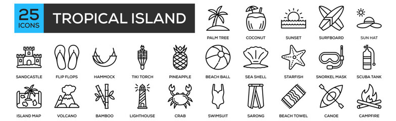 Tropical island icon collection set. Containing design Palm Tree, Coconut, Sunset, Surfboard, Sun Hat