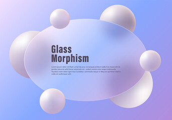 Soft frosted oval glass panel with white 3D spheres floating on a pastel purple and blue gradient background, modern clean vector layout.