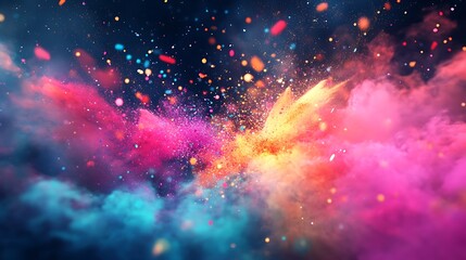 Colorful explosion of vibrant particles in dark space.
