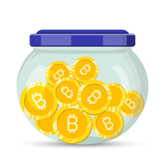 Glass jar with bitcoin coins save money vector illustration concept. Save money, Coin jar.