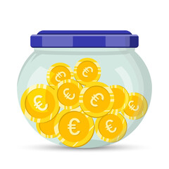 Glass jar with euro coins save money vector illustration concept. Save money, Coin jar.