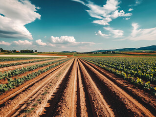 Serene Farmland  Rows of Crops  Sunny Sky  Rural Landscape