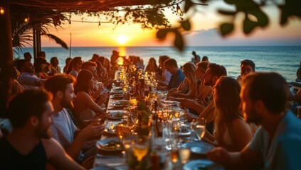 Group of friends enjoying dinner at a beach bar restaurant during sunset, sharing food and laughter at a long table in a summer evening setting.