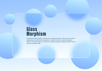 Translucent frosted panel with rounded corners and soft blue glowing spheres floating over a light blue gradient background, clean modern vector design.