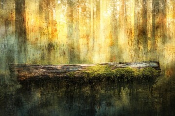 Moss-covered log in a mystical, sun-drenched forest, evoking tranquility and natural beauty.