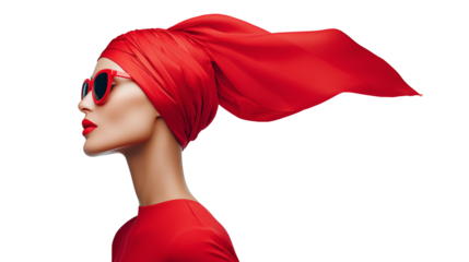 Profile view of a woman with red headscarf, red sunglasses, and red dress on a white background