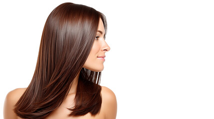 Naklejka premium Profile view of a woman with shiny brown hair on a white background