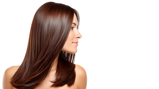 Profile view of a woman with shiny brown hair on a white background