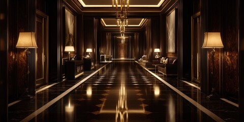 Fototapeta premium Grand, dark hallway in an opulent hotel.