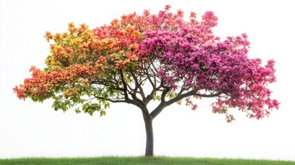 Obraz premium Single Tree with Colorful Blossoms on White Background