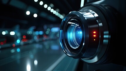 Fototapeta premium Camera lens close-up with blue light reflections, modern technology