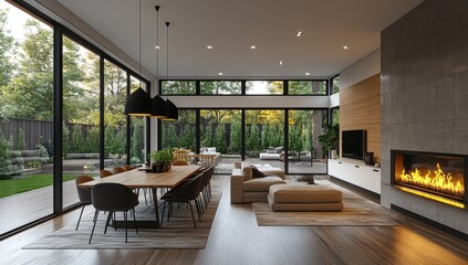 Modern open-plan living area with a backyard view.