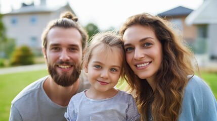 Obraz premium A joyful family poses together in their backyard, surrounded by lush greenery. The parents smile proudly while their young child stands happily between them, creating a warm atmosphere