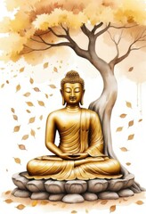 Fototapeta premium Golden Buddha Statue Under Autumn Tree Serenity and Enlightenment
