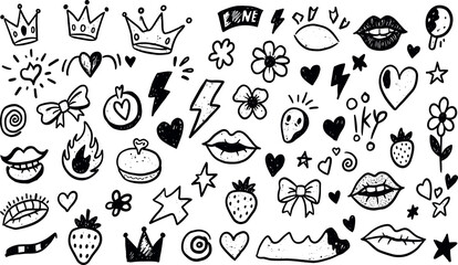 Fototapeta premium Punk girl doodle grafitti. Bow girly tattoo. Cute crayon heart, cherry, bow. Rock star vintage grunge vector. Punk tattoo icon set. Sketch scribble shape. Chalk ribbon flower kiss