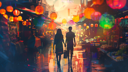 Couple Exploring a Vibrant City Market – Energetic, Colorful, and Culturally Rich Scene
