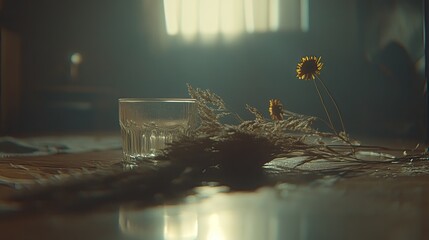 Interior still life with glass and dried plants.