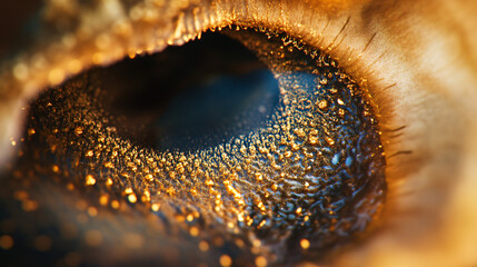 A macro photograph of a hazel iris with golden speckles showcasing depth and structure.