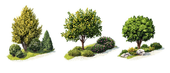 Fototapeta premium Three different green trees with bushes and rocks on grass and stone path, natural outdoor scene