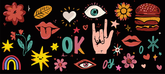 Playful vector doodles featuring flowers, eyes, lips, burger, stars, hearts, and hand gestures in bright colors on a black background. Fun, modern, and expressive illustration set.