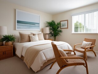 Cozy bedroom featuring a comfortable bed adorned with neutral-toned bedding, stylish wicker chairs, and decorative plants, creating a serene and inviting atmosphere for relaxation and rest