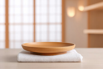 Wooden plate rests serenely atop a folded white towel, creating a minimalistic and inviting scene