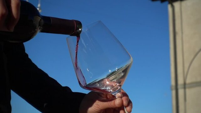 Sommelier pours red wine into crystal glass. Slow motion video