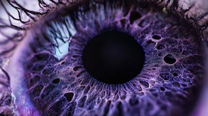 A macro photograph of a violet-hued iris with intricate dark veins resembling a galaxy.