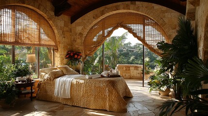 Fototapeta premium Luxurious spa bedroom with stone arches and outdoor views