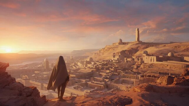 A towering cloaked figure face shadow peers down jagged mountain ridge, silhouette backlit golden sun. lost Mesopotamian style city lies river, swirling sand time-worn statues. watcher&rsquo;s cloak flows