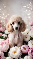 Adorable toy poodle puppy surrounded by pink and white peonies flower arrangement art