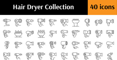 Collection of Line Icons of Hair Dryer. Minimalistic Linear Pictogram for Web and Graphic Design, Apps, Banners, Social Network and Cards