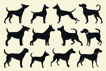 dogs set silhouette on white background, isolated, vector