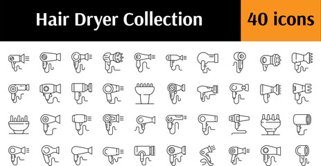 Hair Dryer Outline Web Line Icons Collection. Minimalistic Linear Pictogram for Web and Graphic Design, Apps, Banners, Social Network and Cards
