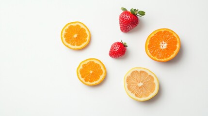 Fresh citrus and strawberries arrangement on white background food photography minimalist style