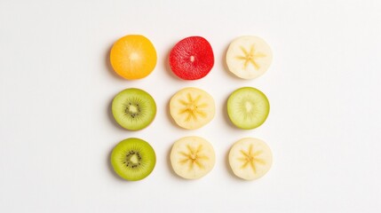Colorful fruit arrangement on white background minimalist photography culinary art freshness top view